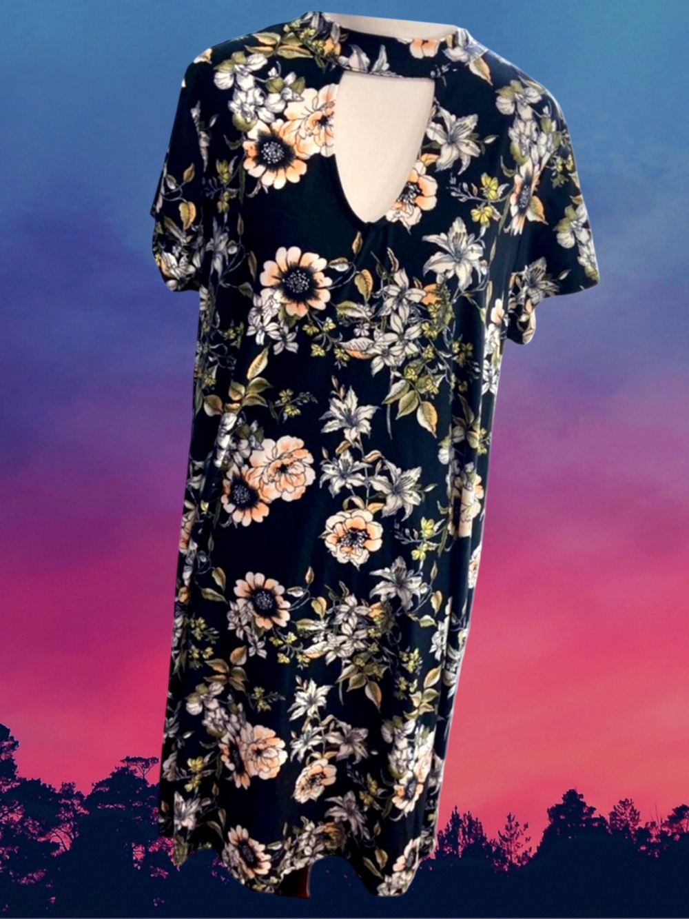 Sauci Women’s plus-size Black & Cream Floral Stretchy Cut-Out Mini Dress❤️❤️3X